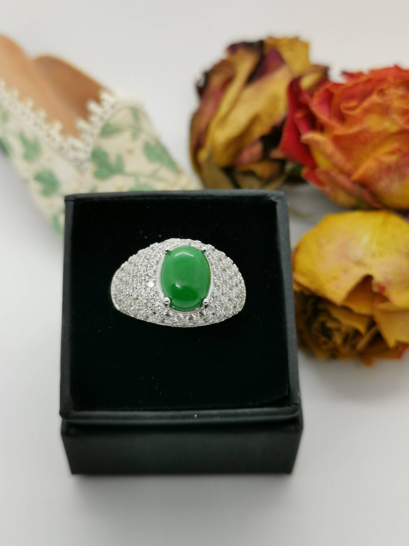 New Natural Green Jade and Zircon Sterling Silver Statement Ring - Size N/O