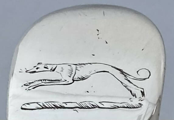 Georgian, George III, Greyhound Crested Silver Soup Ladle. London 1773 Thomas Ellis. 5.5 troy ounces.