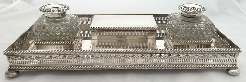 Georgian Old Sheffield Plate Large Gallery Desk Stand, circa 1820.