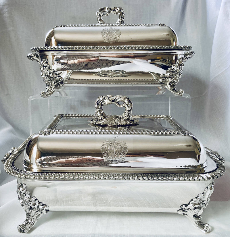 Georgian, George IV, Pair of Old Sheffield Plate Entree Dishes & Covers on Warming Stands. Marital Arms of Dickson & Huntley, circa 1820 - 1830.