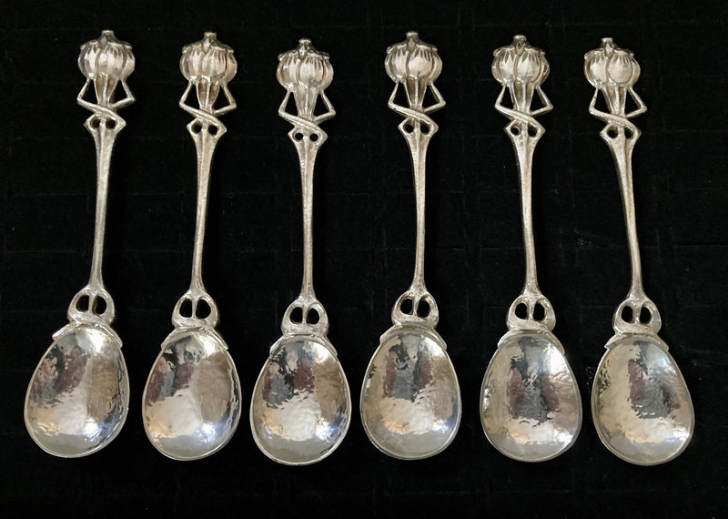 Edwardian Period set of Six Arts & Crafts Coffee Spoons with Entrelac Stems & Seed Pod Terminals.