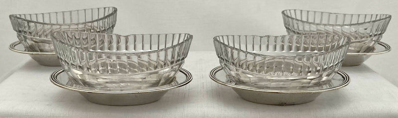 Victorian Set of Four Silver Plated & Cut Glass Salt Dishes, circa 1850 - 1860.