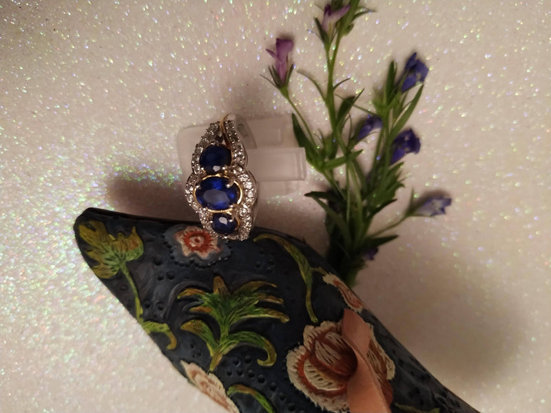 New Sapphire and Zircon 925 Sterling Silver with Platinum and Gold Overlay Ring (Size P)
