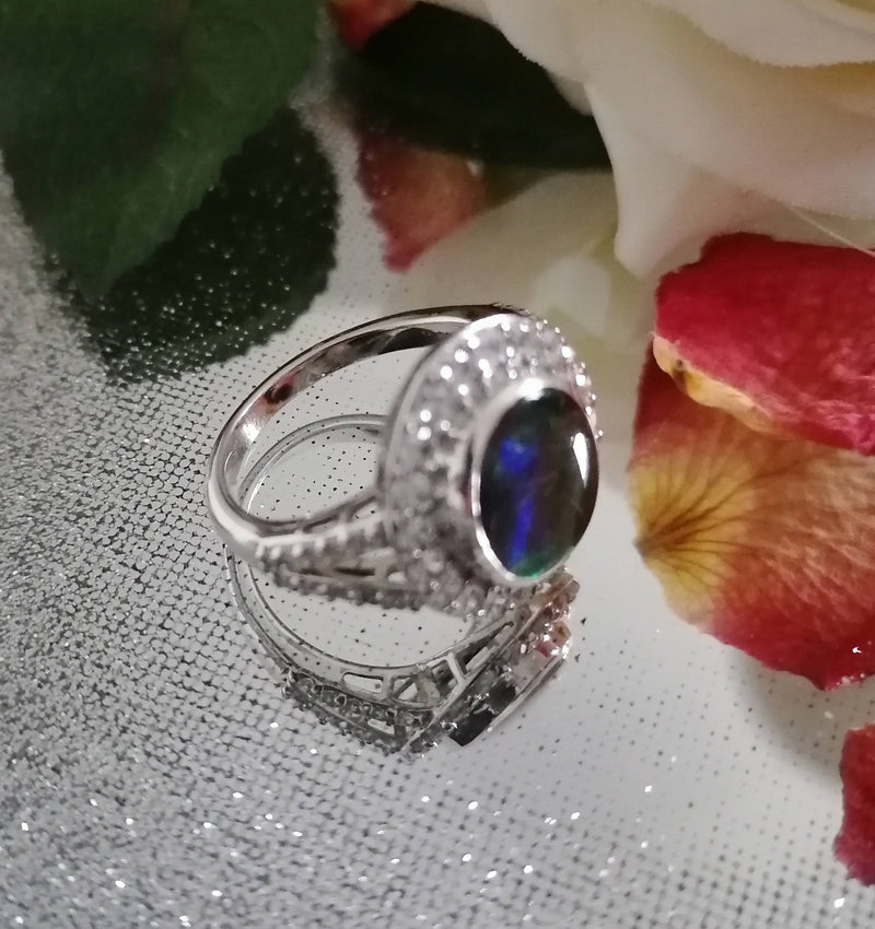 New AA Canadian Ammolite Natural Cambodian Zircon Ring in Platinum Overlay Sterling Silver