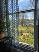 Squircles funky -contemporary Style Madras Blue /brown Cotton Lace Curtain Panel remnant 68”/86”