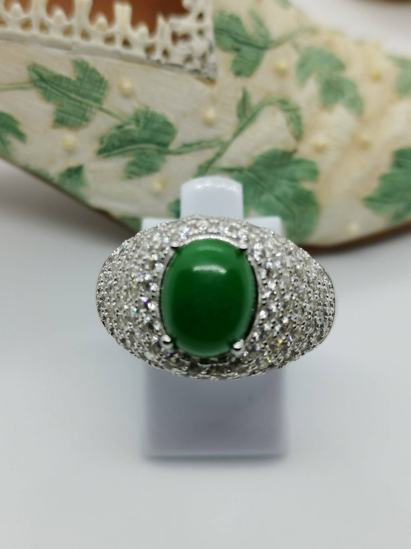 New Natural Green Jade and Zircon Sterling Silver Statement Ring - Size N/O