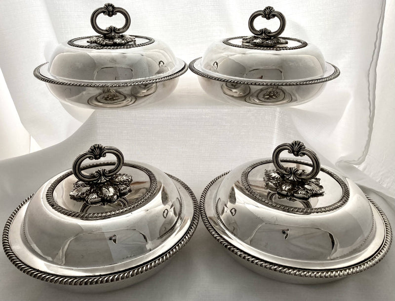 Georgian Set of Four Old Sheffield Plate Circular Entree Dishes & Covers, circa 1810 - 1830.