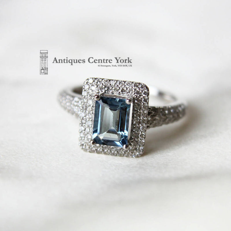 18ct White Gold Aquamarine & Diamond Rectangular Cluster Ring