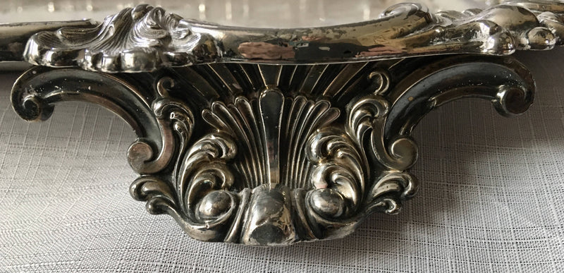 Georgian, George IV period, twin handled Old Sheffield Plate serving tray on four ornate feet. Circa 1820 - 1830.