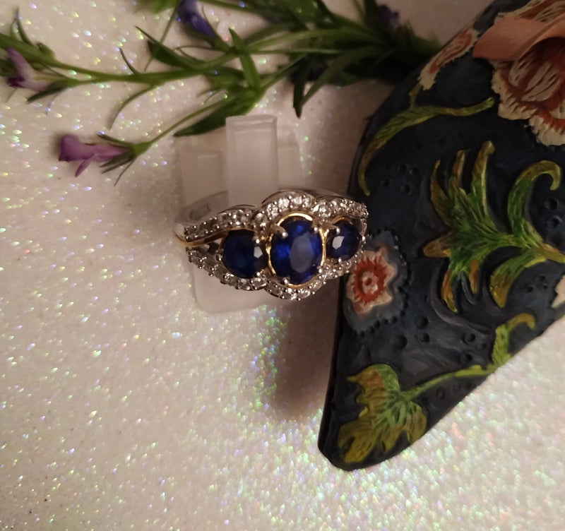 New Sapphire and Zircon 925 Sterling Silver with Platinum and Gold Overlay Ring (Size P)