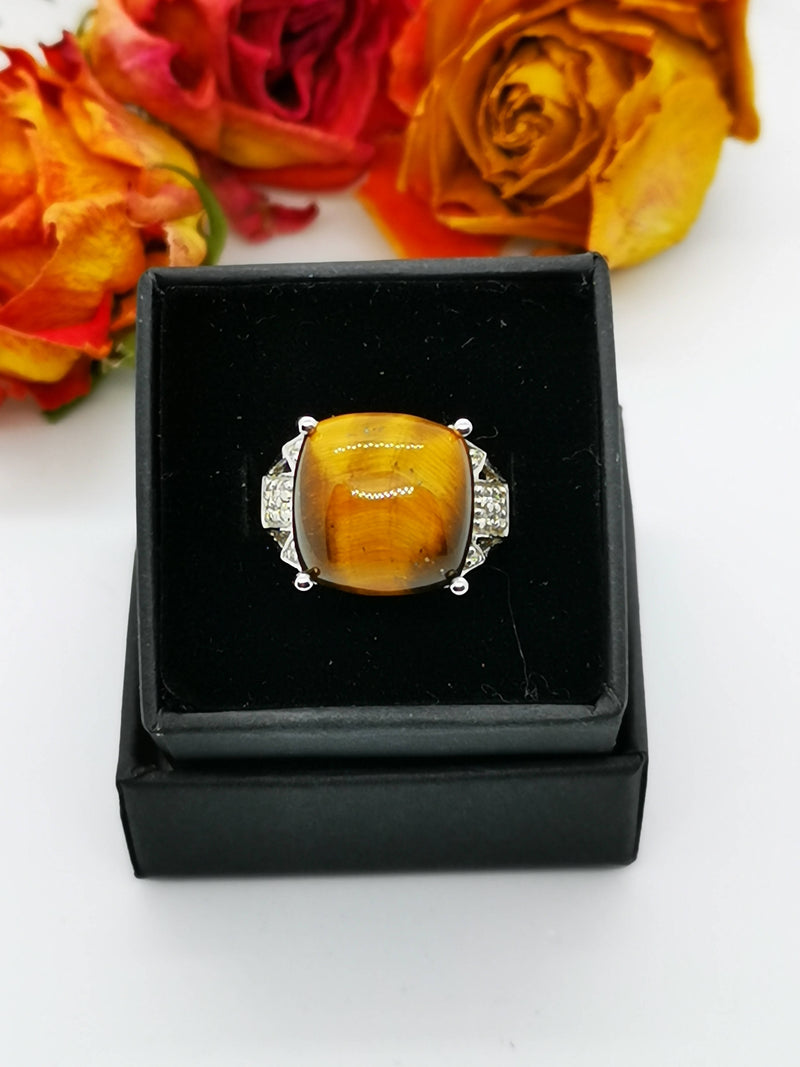New Tiger's Eye Square Ring 925 Sterling Silver ( Size M )