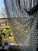 Squircles funky -contemporary Style Madras Blue /brown Cotton Lace Curtain Panel remnant 68”/86”