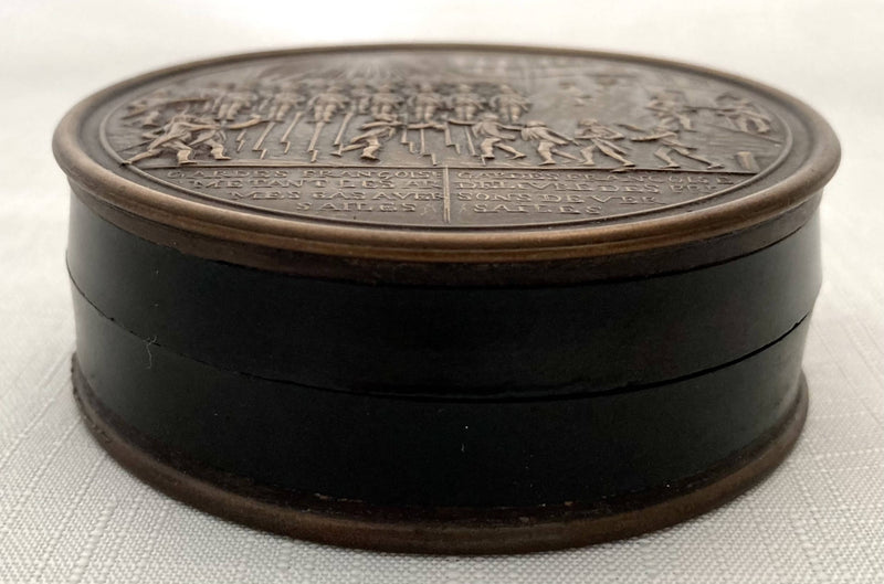 French Bronzed Metal & Bois Durci Snuff Box Depicting Guards at Versailles.