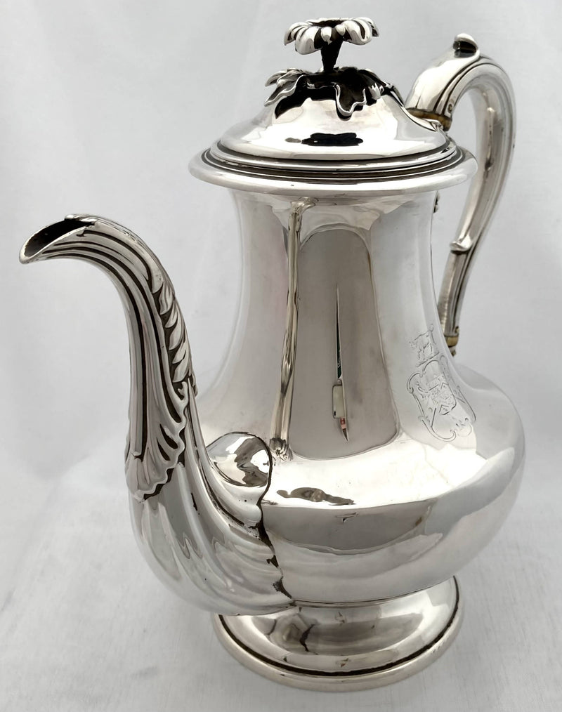 William IV Silver Armorial Coffee Pot. Sheffield 1835 Hawksworth & Eyre. 23.9 troy ounces.