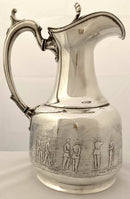 Late Victorian Silver Plated Hot Water Jug Engraved with Scenes of Soldiers.