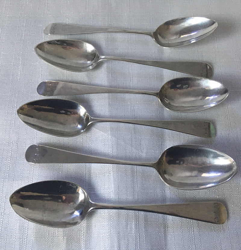 Georgian, George III, set of six silver teaspoons. London 1790 Godbehere & Wigan. 1.5 troy ounces.