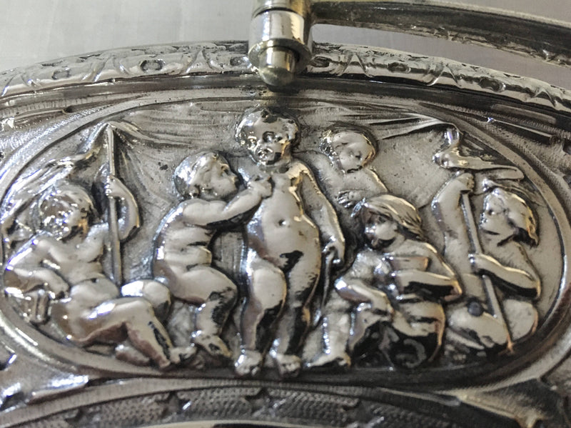 Victorian silver plated swing handled tazza. Elkington & Co. 1874