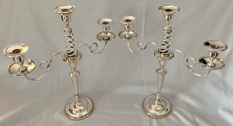 Georgian, George III, Pair of Old Sheffield Plate Three Light Candelabra, circa 1800 - 1810.