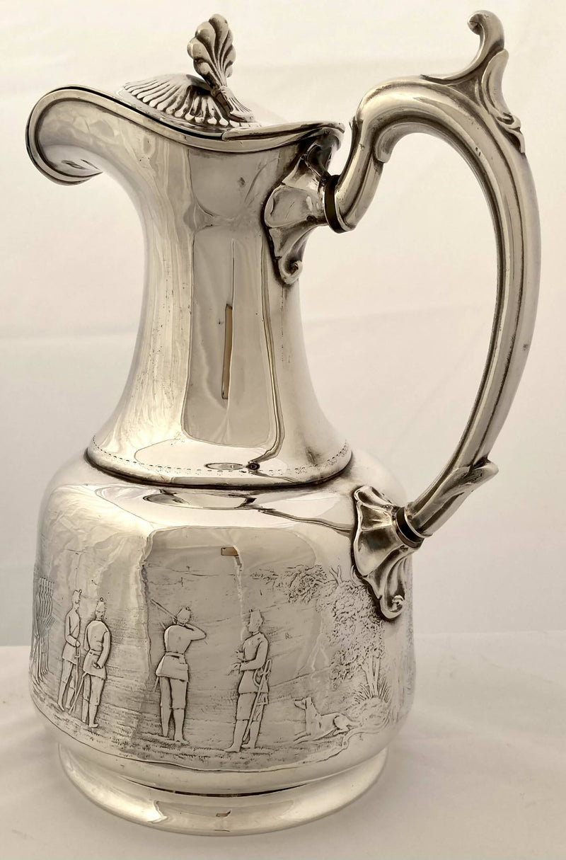Late Victorian Silver Plated Hot Water Jug Engraved with Scenes of Soldiers.