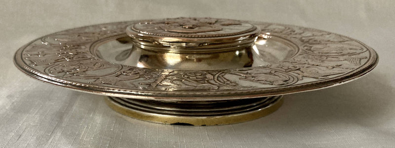 Elkington, Victorian, Neo Classical Silver Plate on Copper Circular Inkstand. Elkington & Co. 1873.
