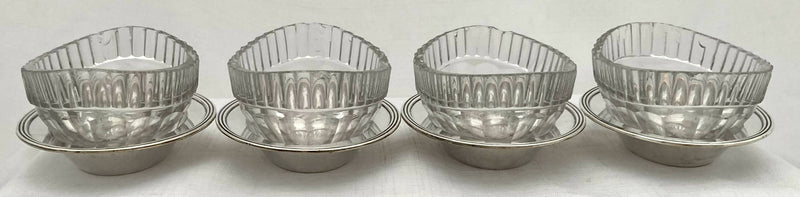 Victorian Set of Four Silver Plated & Cut Glass Salt Dishes, circa 1850 - 1860.