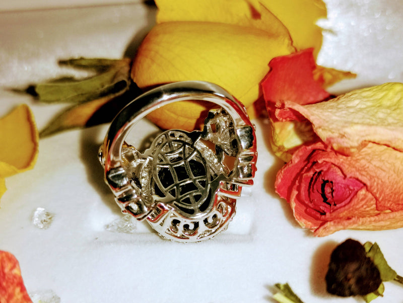 New Black Tourmaline and Zircon Halo Cocktail Ring in Platinum Plated in Sterling Silver - Size O
