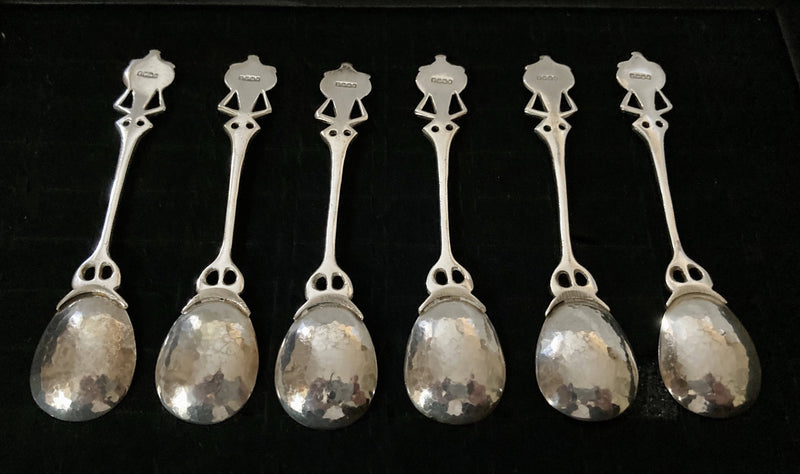 Edwardian Period set of Six Arts & Crafts Coffee Spoons with Entrelac Stems & Seed Pod Terminals.