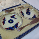 Art Deco Pair of Enameled Stuart Glass Butter Dishes With Silver Knifes