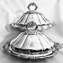Late Georgian pair of Sheffield Plated, crested, entree dishes and covers.