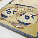 Art Deco Pair of Enameled Stuart Glass Butter Dishes With Silver Knifes