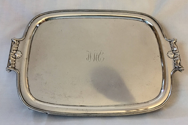 Georgian, George III, Old Sheffield Plate, twin handled waiter on leaf feet. Circa 1800.