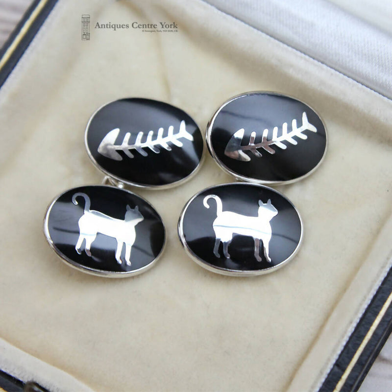 Fine Quality Silver & Enamel Cat & Fishbone Cufflinks