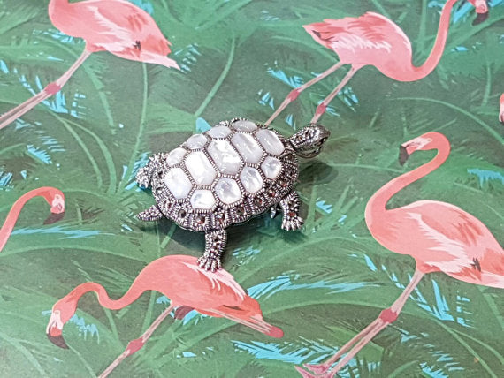 Tortoise Brooch Silver Mother of Pearl Marcasite Pin Pendant