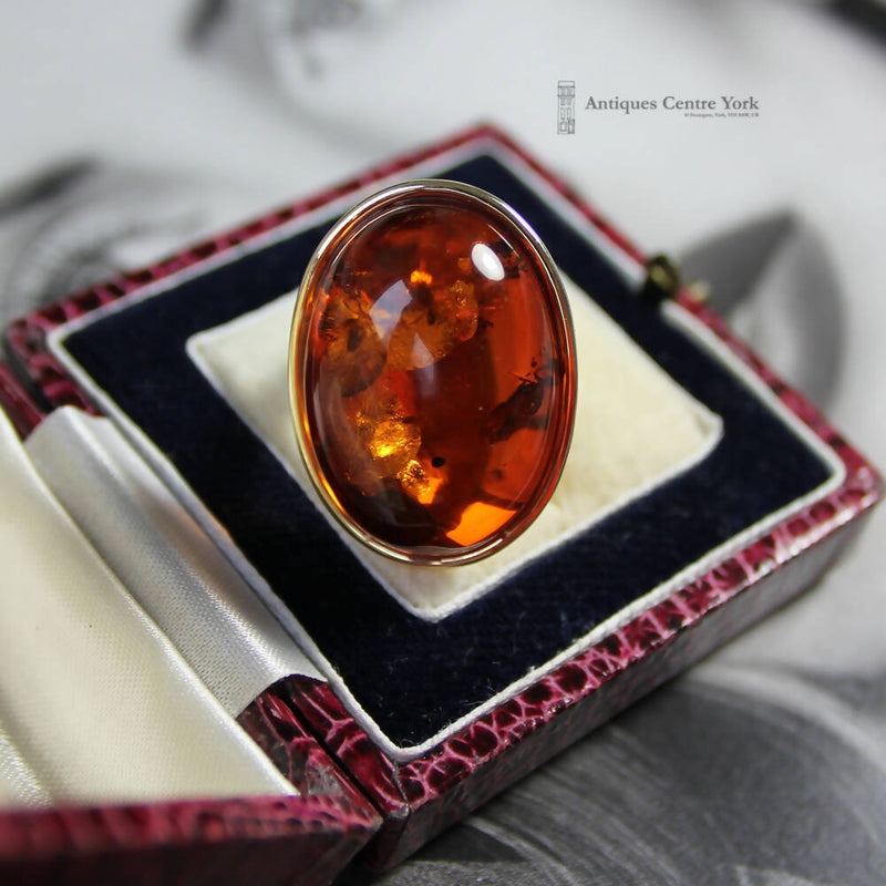 Large 14ct Gold Baltic Amber Ring by Danish Designer Halberstadt Willy Fagert