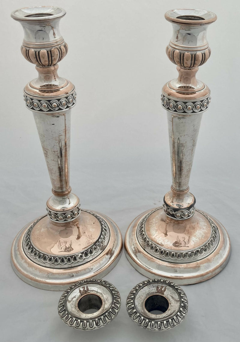 Georgian, Pair of Old Sheffield Plate Crested Candlesticks, circa 1820.