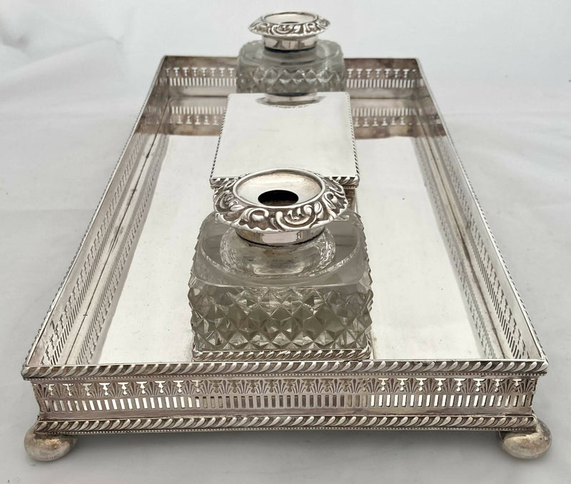 Georgian Old Sheffield Plate Large Gallery Desk Stand, circa 1820.