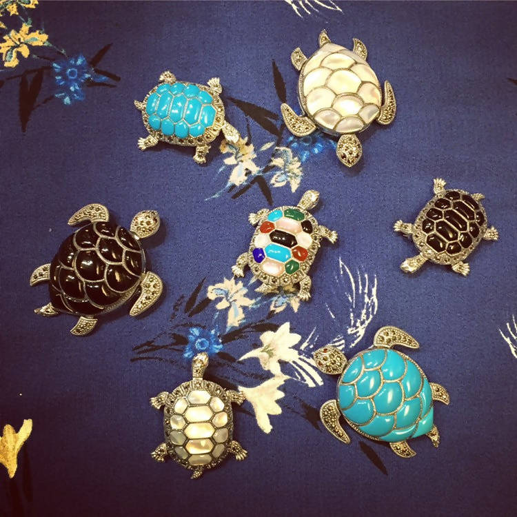 Silver Turtle Brooch Marcasite turquoise Pin Pendant