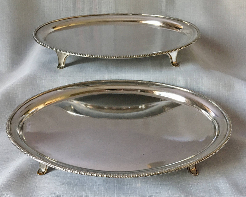 Georgian, George III period, pair of Old Sheffield Plate oval salvers with beaded decoration, circa 1780 - 1800.