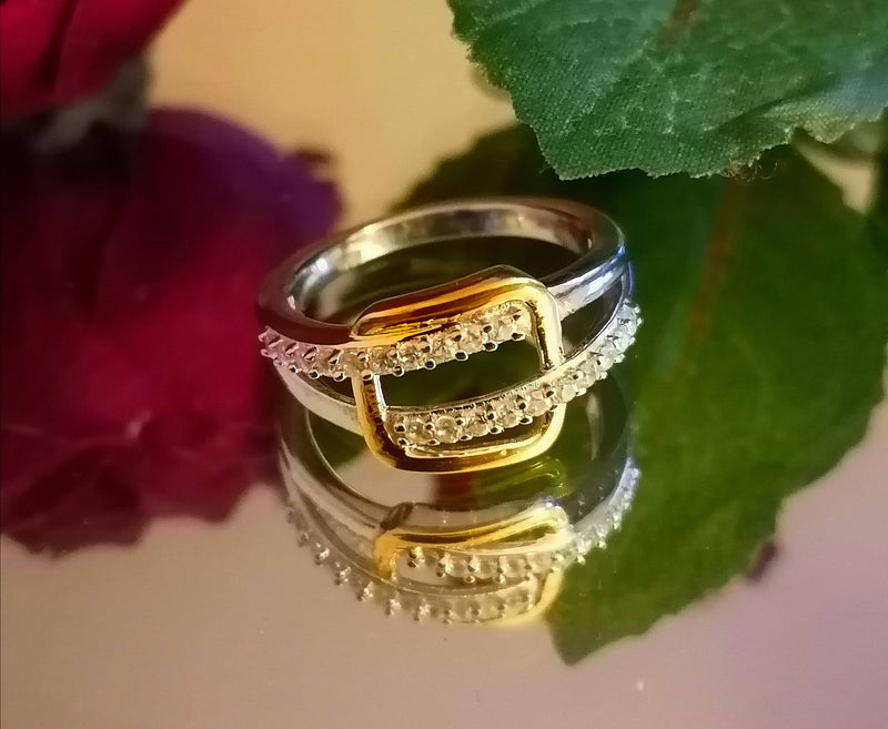 New Sterling Silver Cambodian Zircon Square Buckle Ring - Size N
