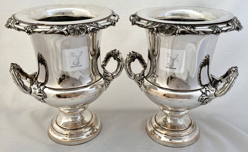 Georgian, George IV, Pair of Old Sheffield Plate Armorial Wine Coolers. Blagden, Hodgson & Co, Sheffield circa 1820.