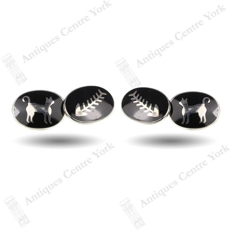 Fine Quality Silver & Enamel Cat & Fishbone Cufflinks