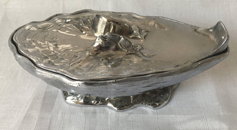 French novelty silver plated mignonette sauce dish and cover, with glass liner, in the form of an oyster shell. Signed M. Gouaille.