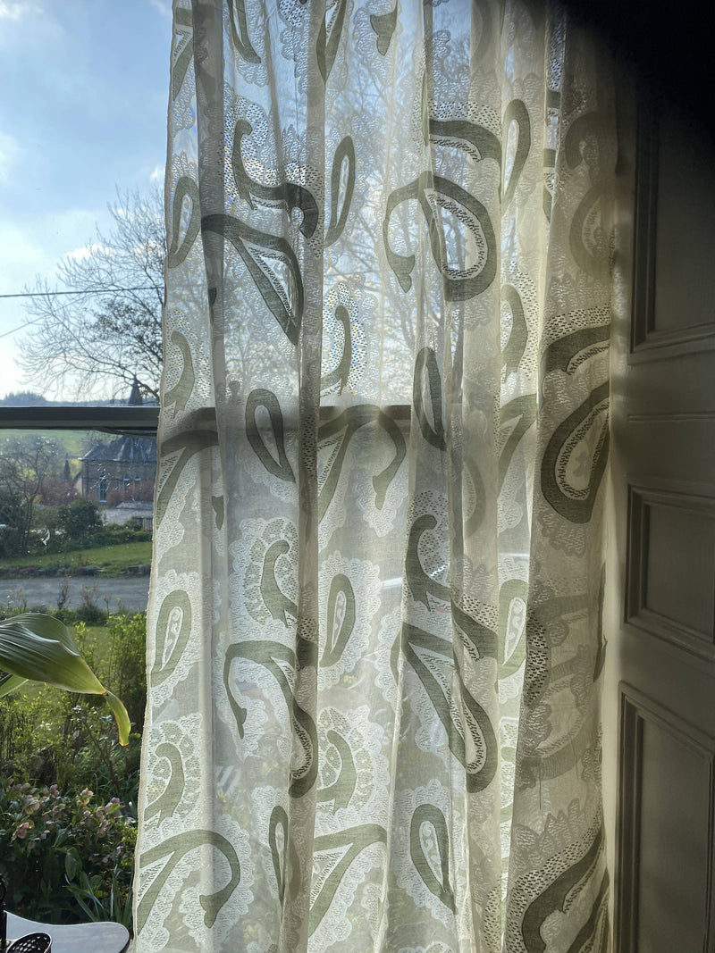 Paisley Green madras Lace Curtain Panel to finish 68'/120" 3metres long