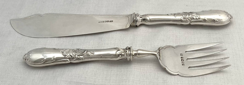 Victorian Walnut Cased Set of Silver Fish Servers. Sheffield 1881 Harrison Brothers & Howson.