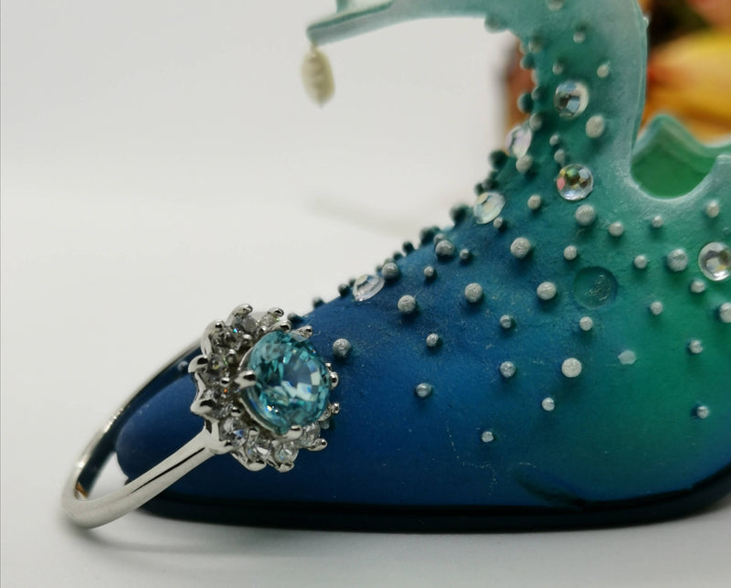 New Esprito Santo Aquamarine & White Cambodian Zircon Halo Sterling Silver ring - S