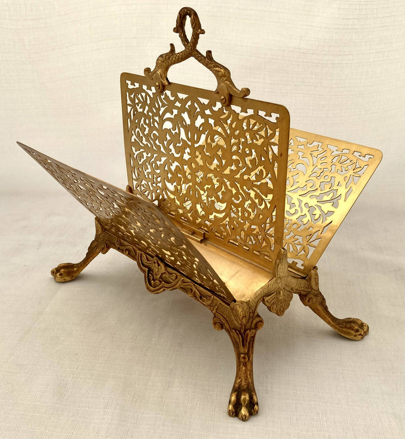 Gilt Metal Correspondence Stand on Lion Paw Feet with Dolphin Handle.