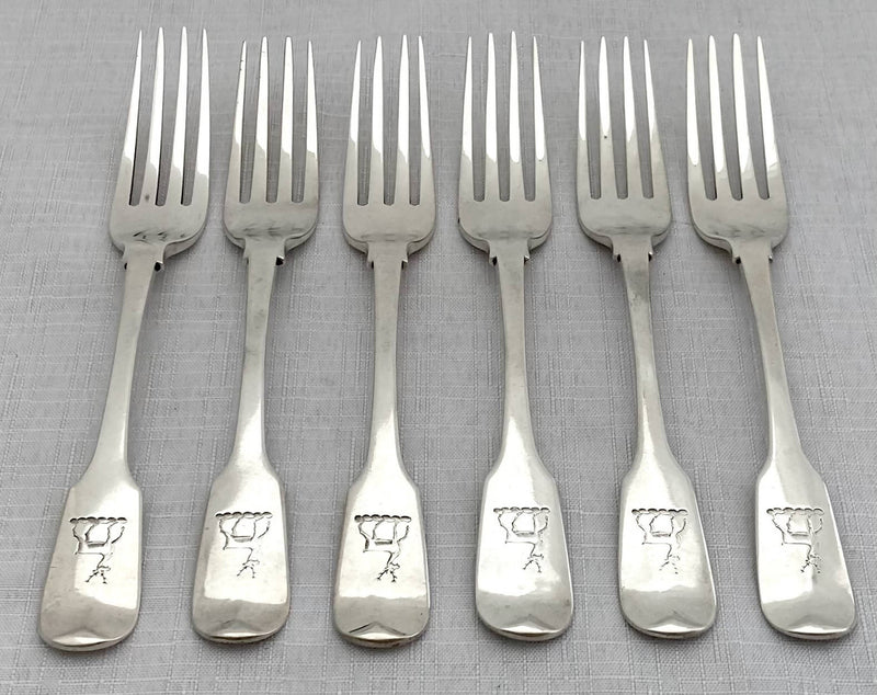 Georgian, George IV, Six Silver Crested Dessert Forks. York 1825 Barber, Cattle & North. 7.5 troy ounces. 