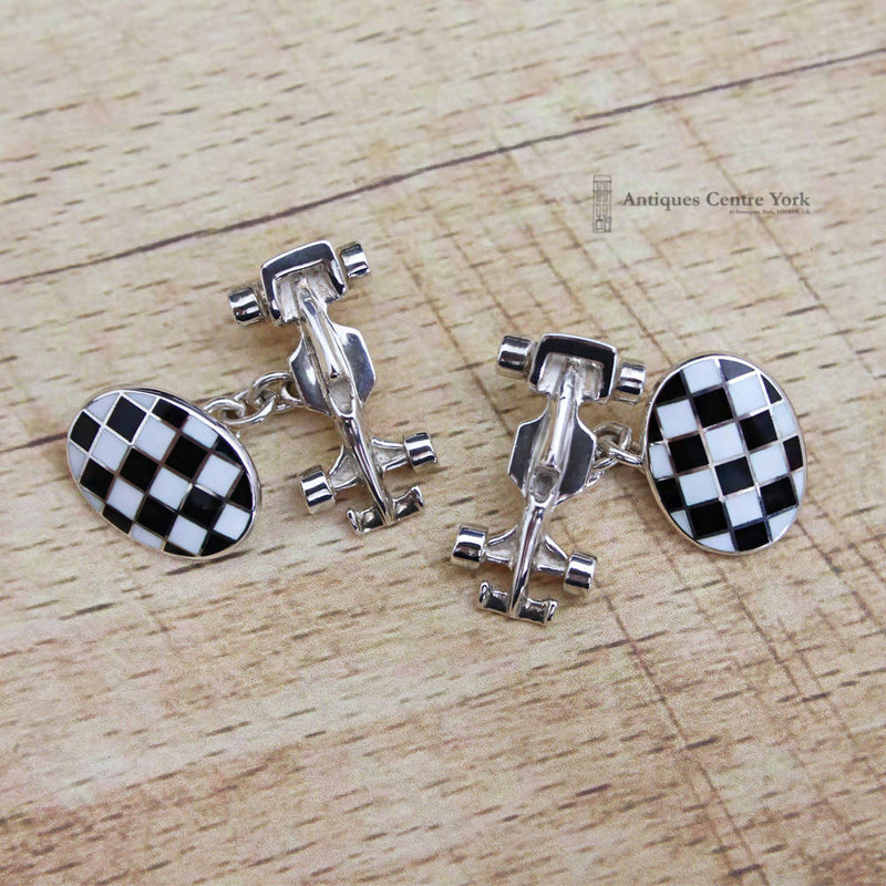 Fine Quality Silver & Enamel Racing Car Cufflinks