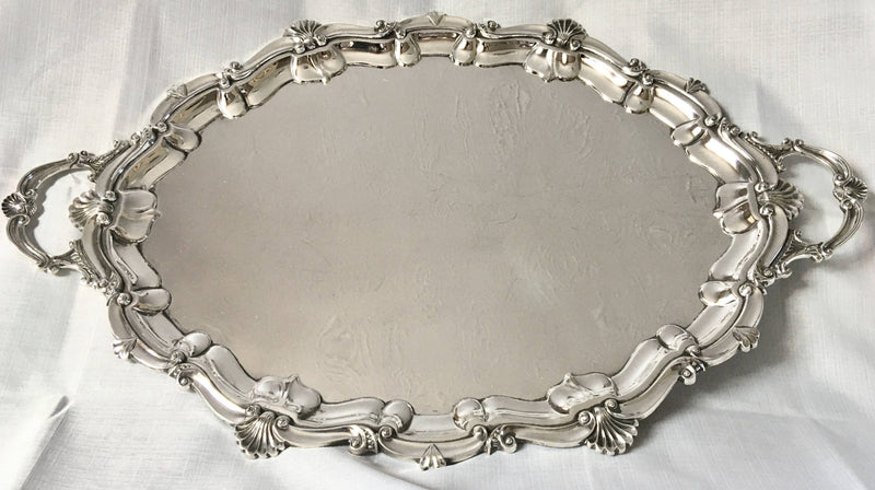 Elizabeth II Georgian style silver plated, twin handled, serving tray. William Suckling, Birmingham.