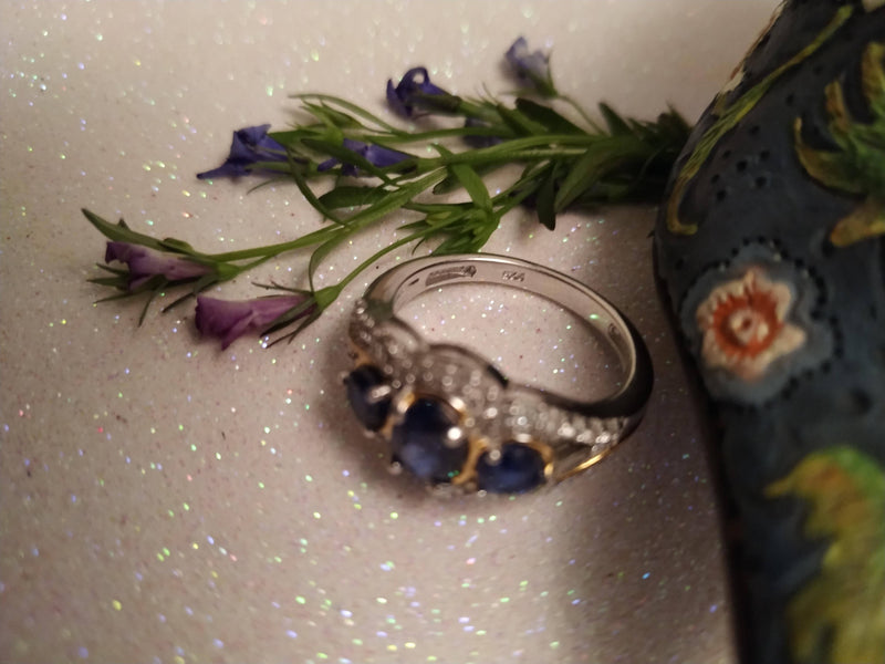 New Sapphire and Zircon 925 Sterling Silver with Platinum and Gold Overlay Ring (Size P)